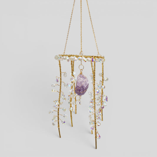 Gold jellyfish suncatcher with crystal beads and oval amethyst center stone