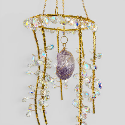 Hanging Gold Metal Suncatcher with Clear Prismatic Beads & Amethyst Stone - Jelly Fish