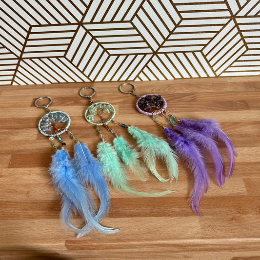 Tree of Life feather keychain set with natural stones, light blue light green purple
