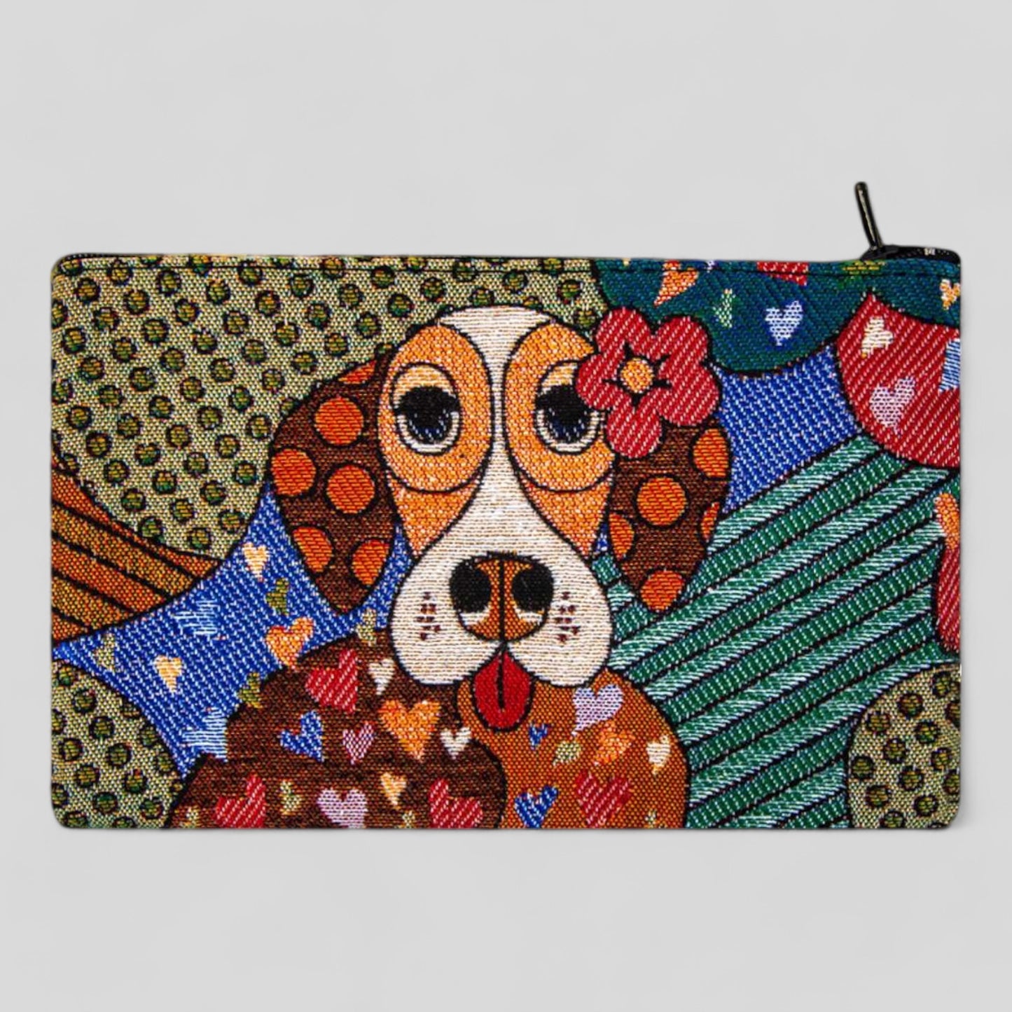 Authentic Kilim Fabric Colorful Modern Dog Art Zipper Clutch Purse, Turkish Carpet, Pouch, Coin Purse, Wallet, Small Storage Puppy Mom