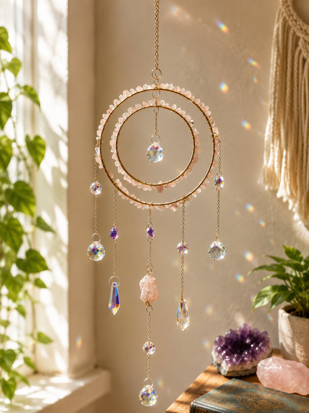 Large Rose Quartz Crystal Double Ring Suncatcher – Celestial Boho Window Hanging