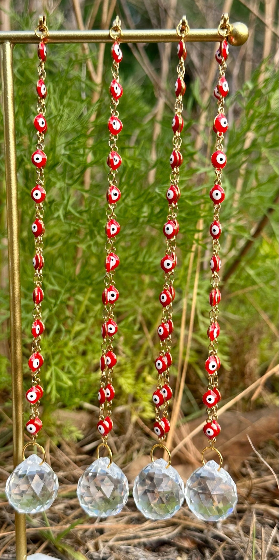 Evil eye rearview mirror charm with gold beads and clear crystal disc suncatchers