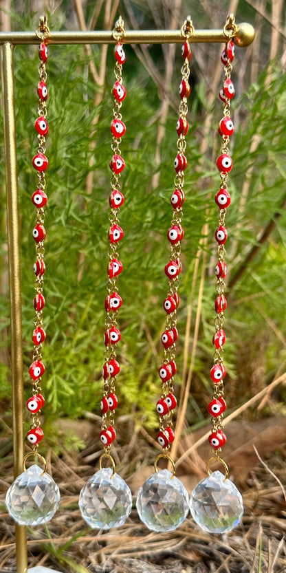 Evil eye rearview mirror charm with gold beads and clear crystal disc suncatchers