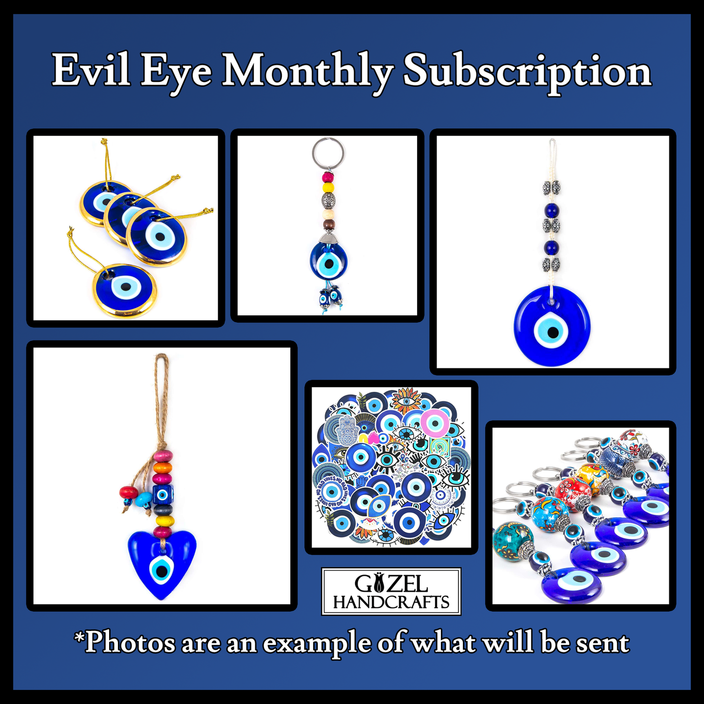 Evil eye subscription box with blue evil-eye charms and bead accessories, flat layout