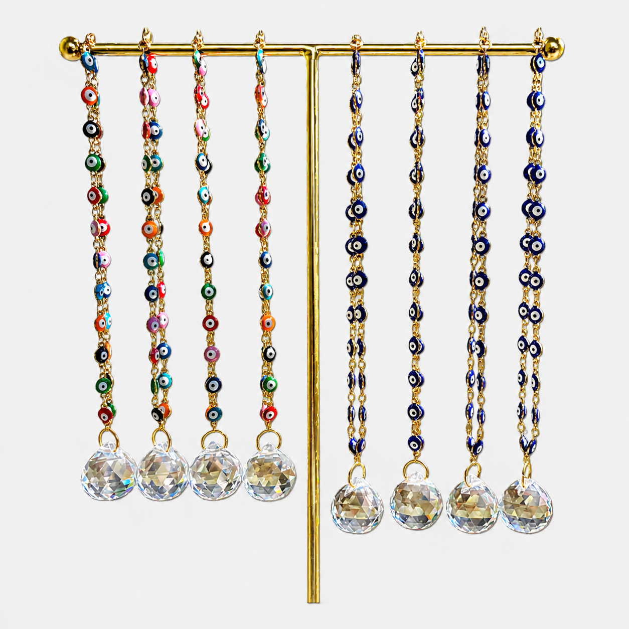 Gold-tone evil eye bead chain car charm with multicolor eyes and clear crystal drops