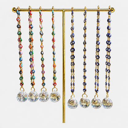 Gold-tone evil eye bead chain car charm with multicolor eyes and clear crystal drops