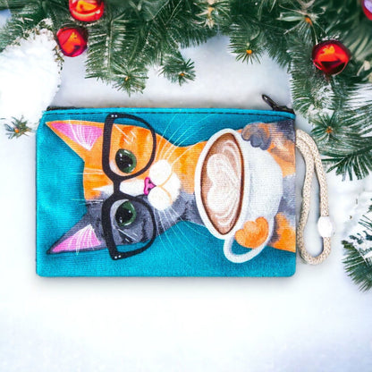 Blue zipper clutch purse with colorful cat art and wrist strap, small pouch