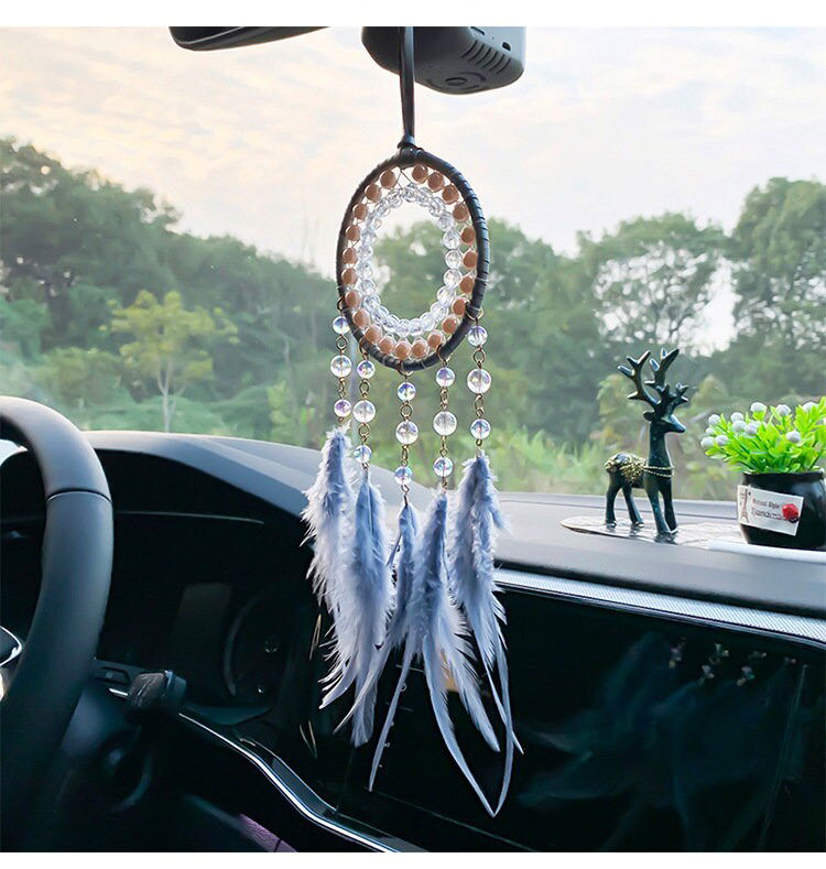 Hanging round dreamcatcher with bead strands and blue-grey feather fan
