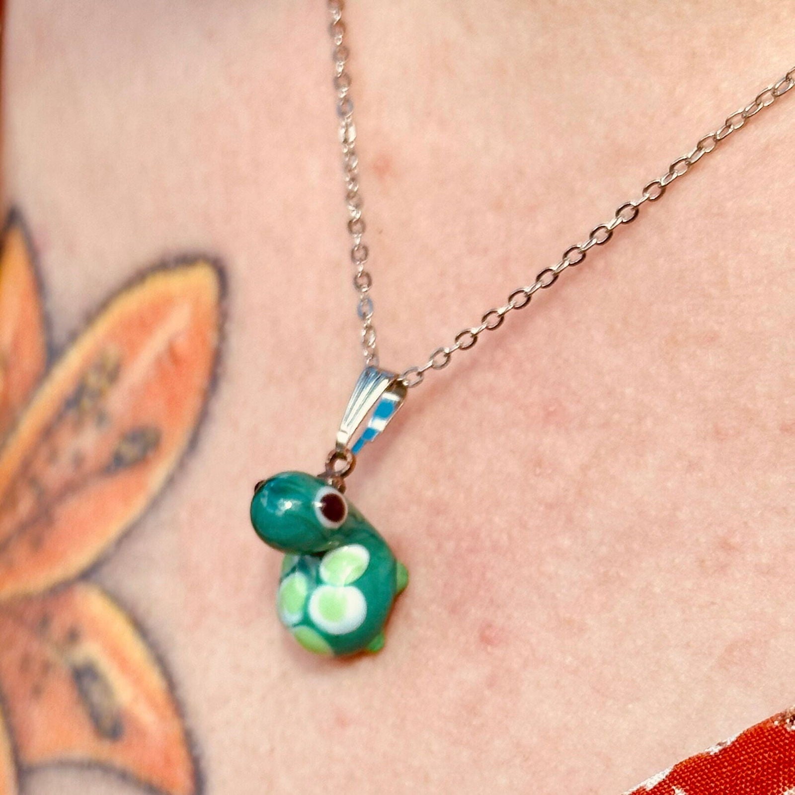 Handblown glass turtle pendant necklace with stainless chain, green turtle charm