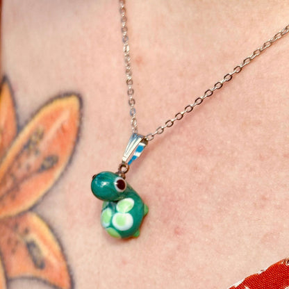 Handblown glass turtle pendant necklace with stainless chain, green turtle charm