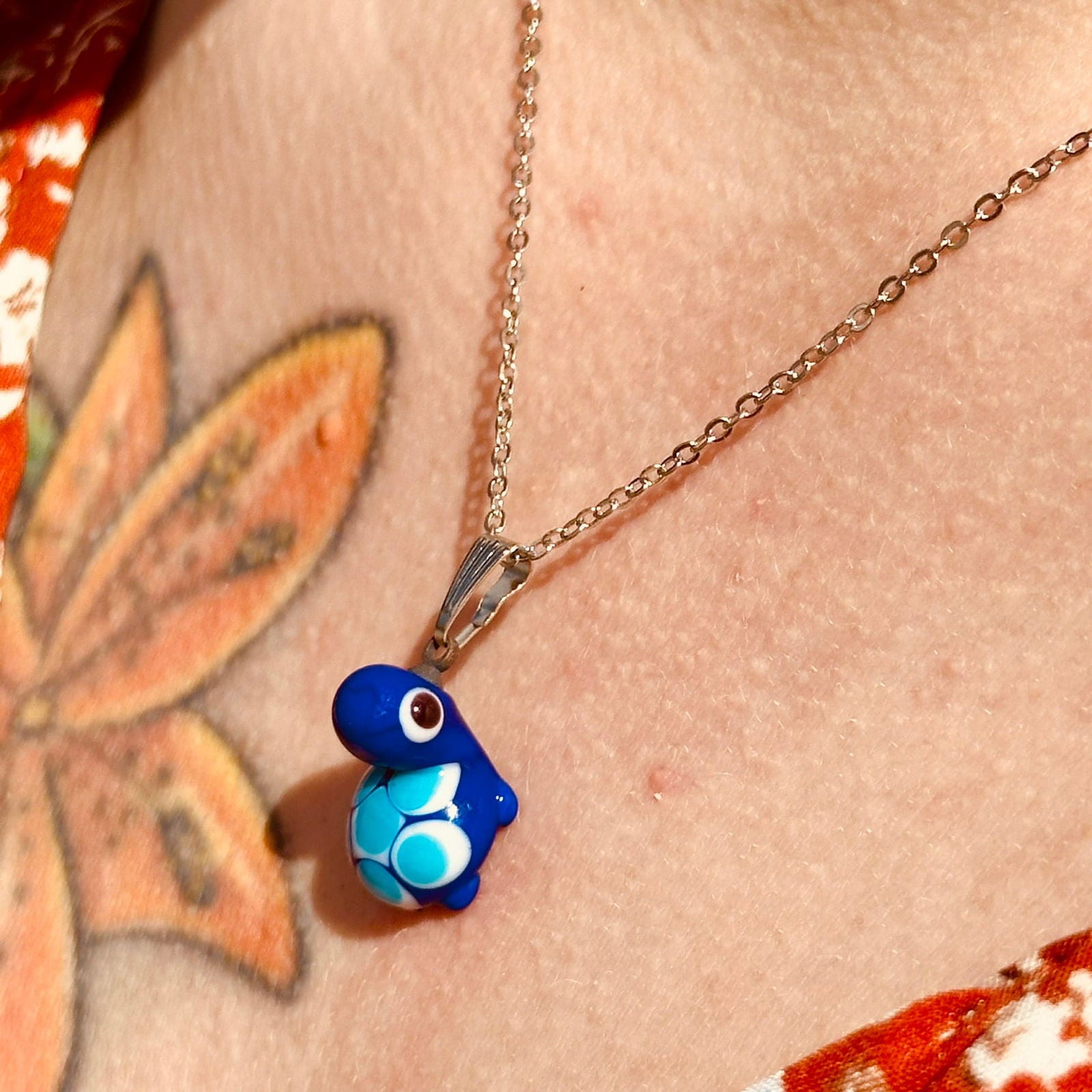 Handblown glass turtle pendant necklace with stainless chain, dark blue turtle charm