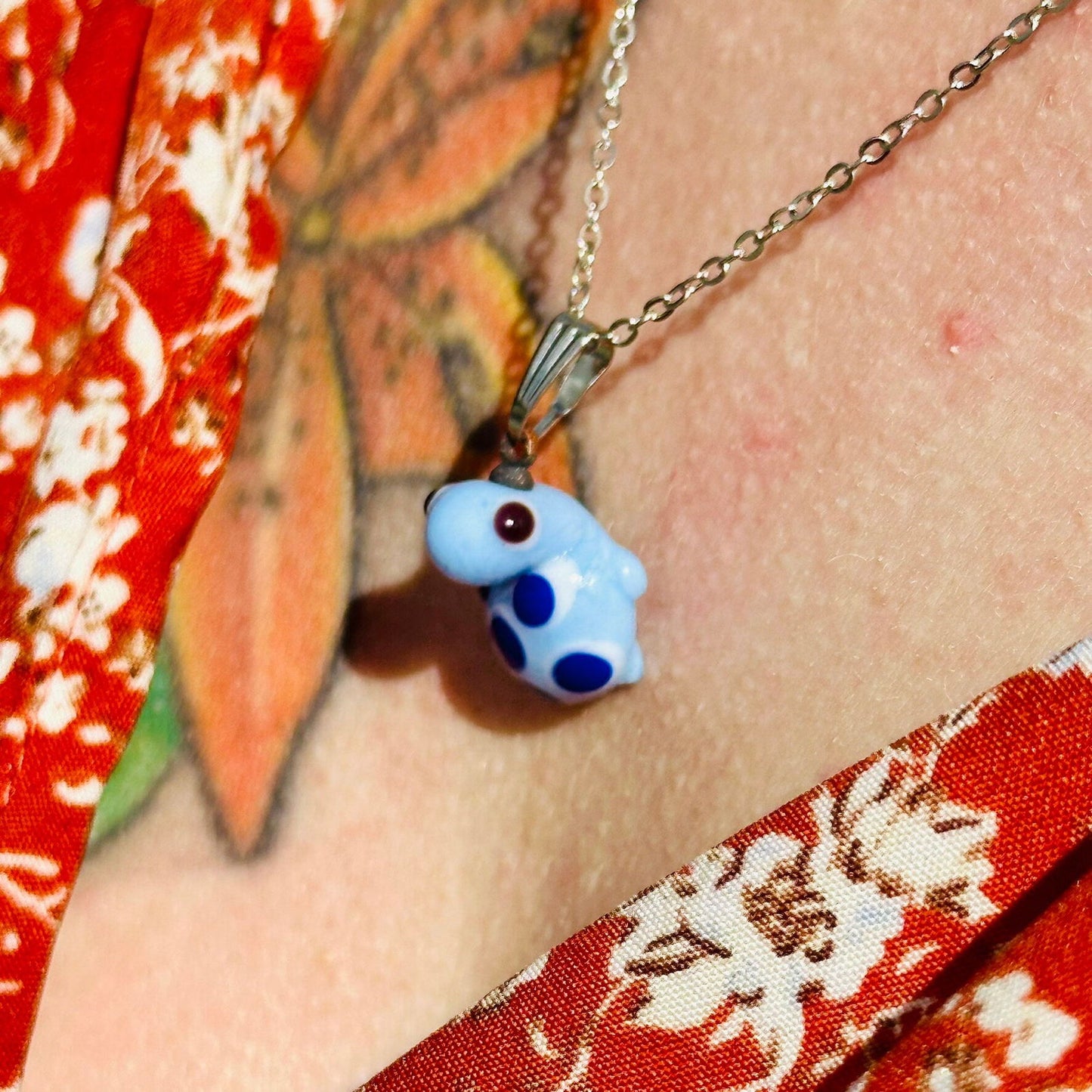 Handblown glass turtle pendant necklace with stainless chain, light blue turtle charm