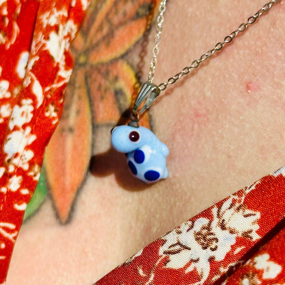 Handblown glass turtle pendant necklace with stainless chain, light blue turtle charm