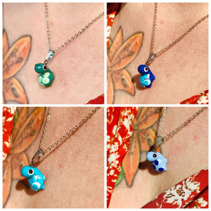 Handblown glass turtle pendant necklace with stainless chain and colorful turtle charms