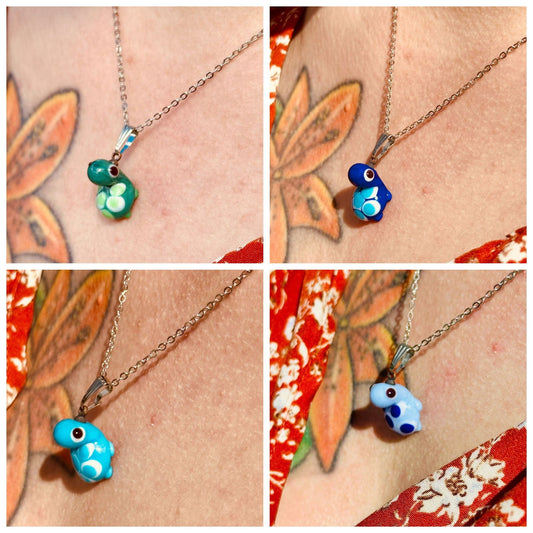 Handblown glass turtle pendant necklace with stainless chain and colorful turtle charms