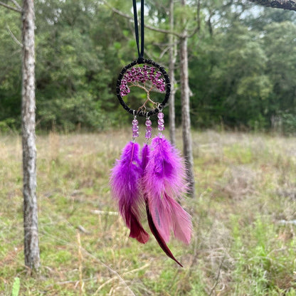 Handmade dark purple dreamcatcher with tree-of-life web and hanging purple feather strands