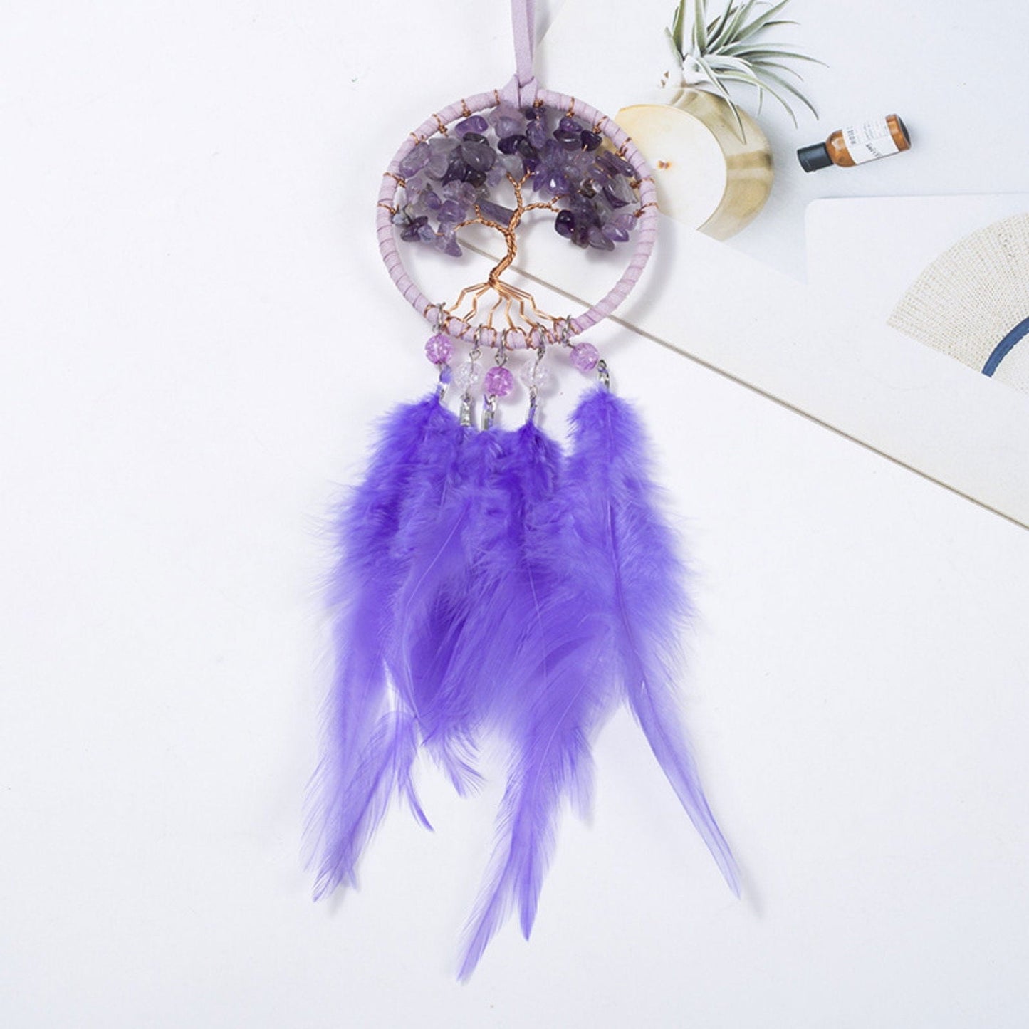 Purple amethyst dreamcatcher with round tree hoop, dangling purple feathers for wall hanging