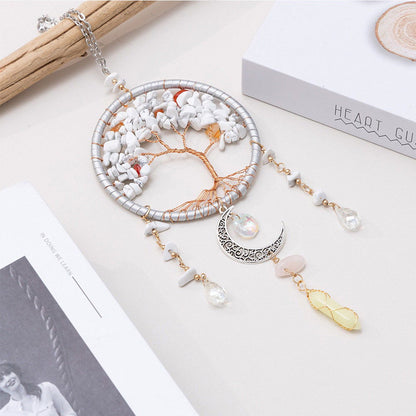 Tree of life dreamcatcher with crescent moon charm, white bead web and hanging crystals