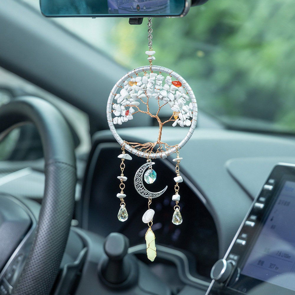 Hanging tree of life dreamcatcher with crescent moon charm and white bead tassels