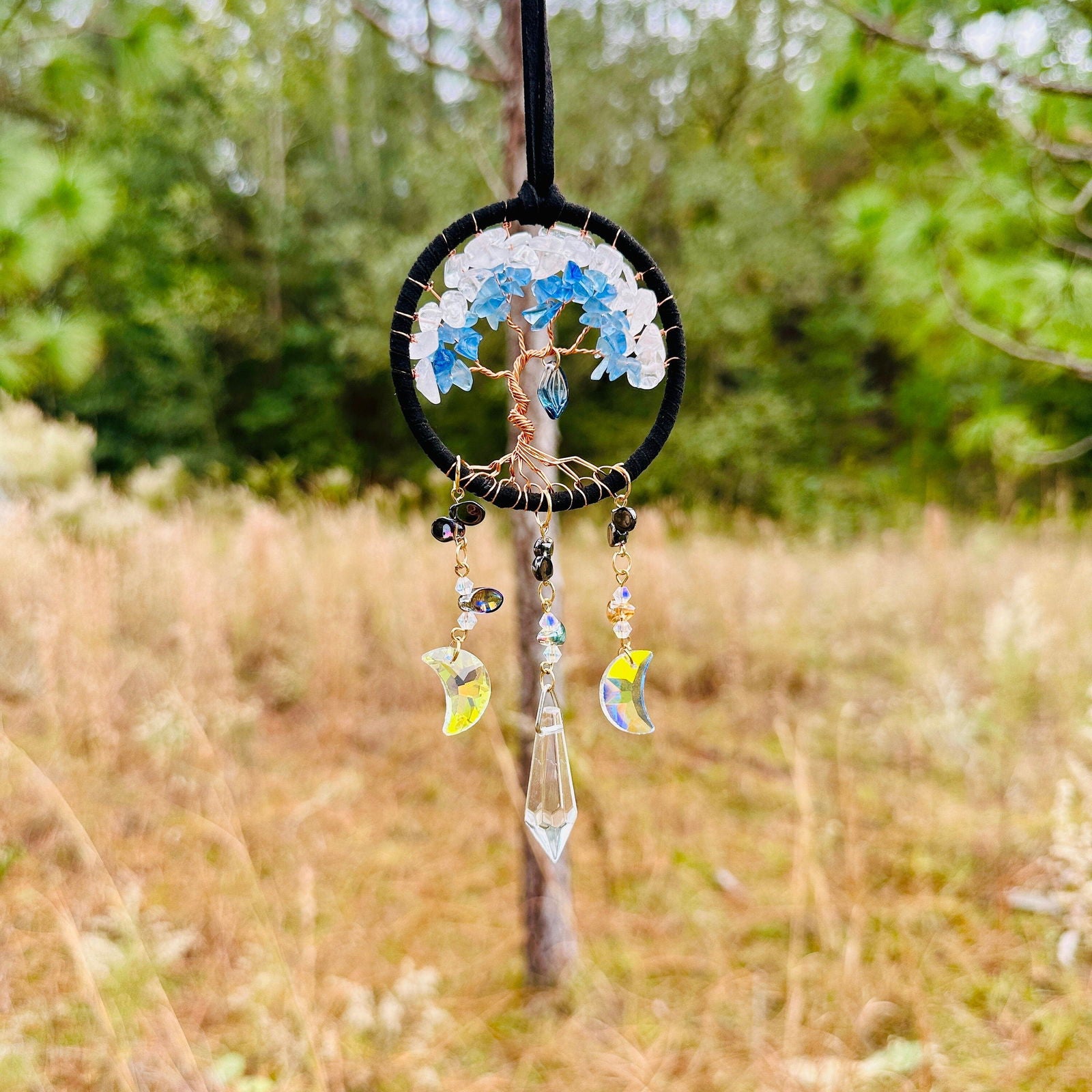 Round dreamcatcher suncatcher with tree of life charm and blue crystal moon ornaments
