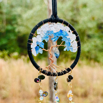 Round dreamcatcher suncatcher with blue moon charms and hanging prism crystal