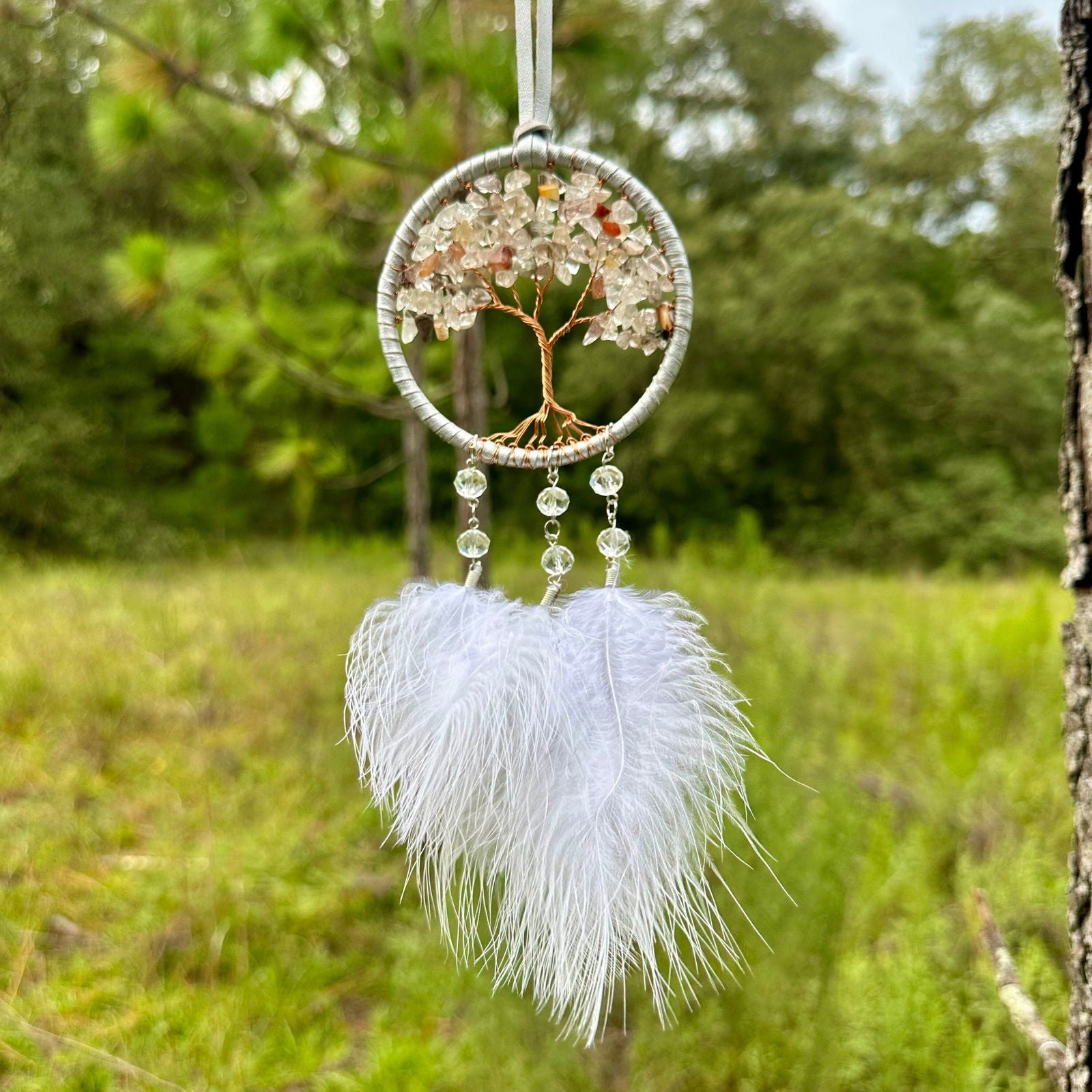 White dreamcatcher with Tree of Life, hanging white feather tassel and bead drops