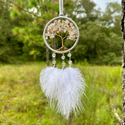 White dreamcatcher with Tree of Life, hanging white feather tassel and bead drops