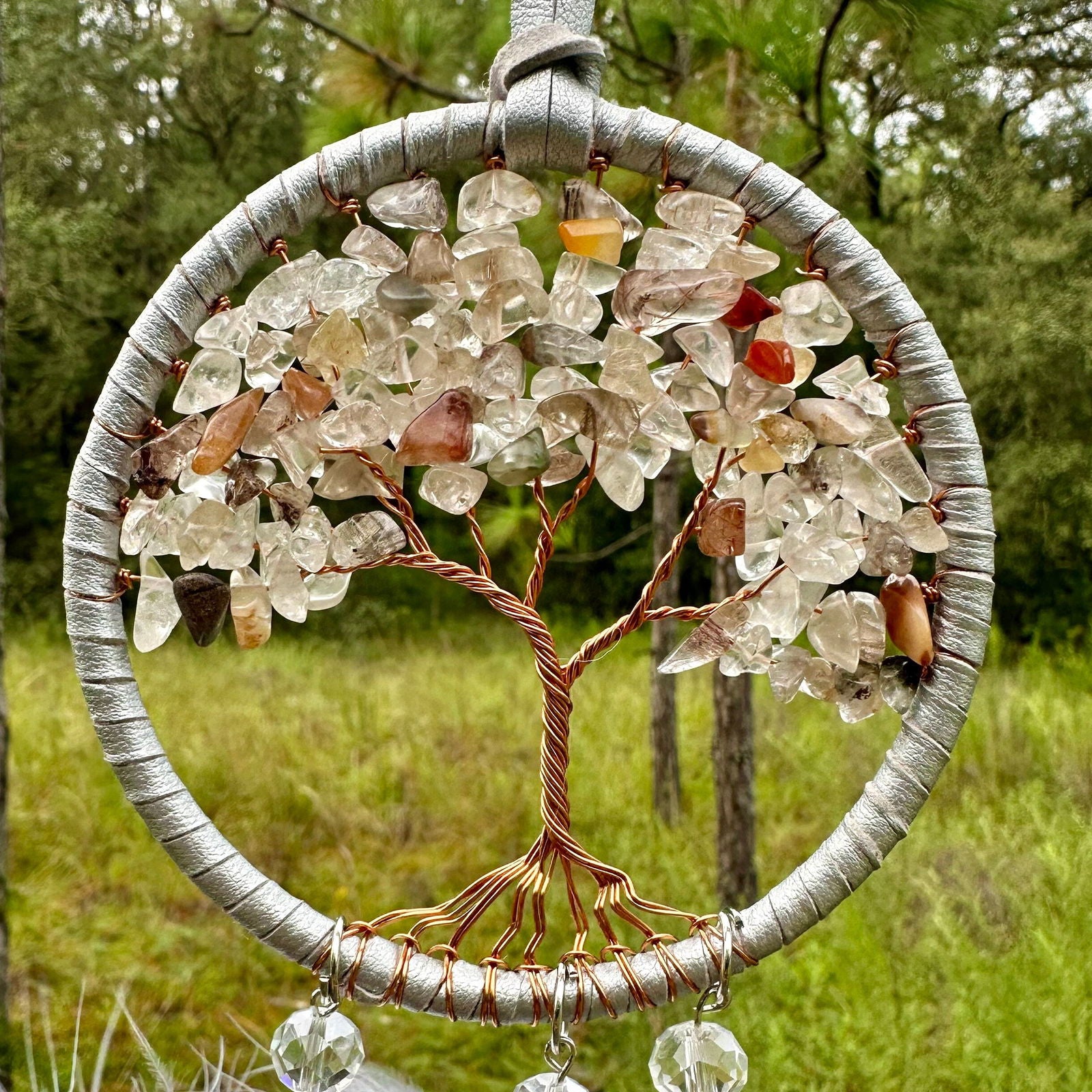 Tree of Life dreamcatcher with silver ring, crystal-like chips and bead dangles