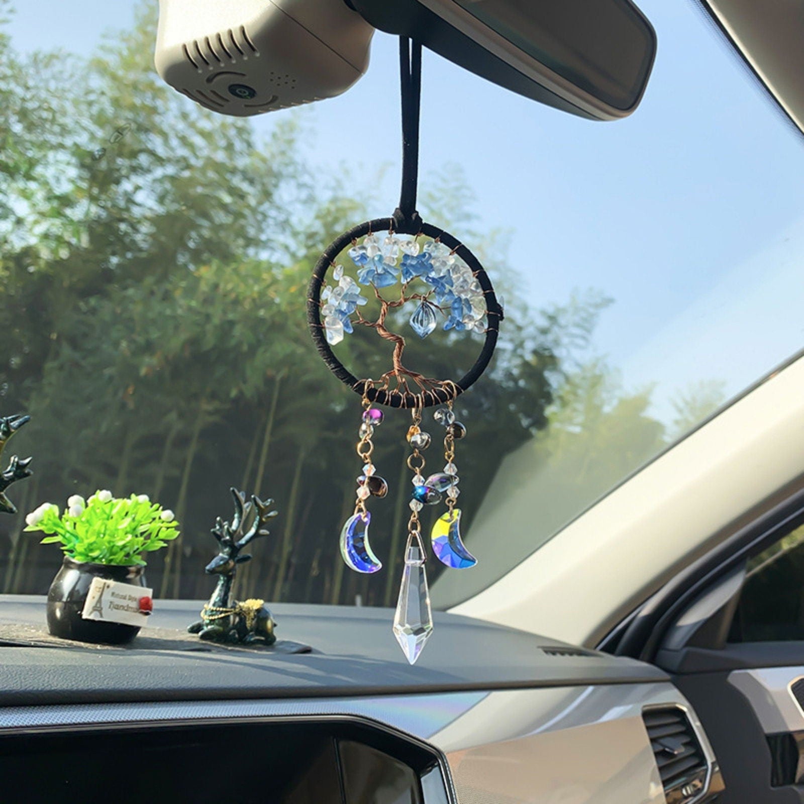 Handmade Tree of Life Dreamcatcher with Crystal Moons - Rearview Mirror Suncatcher Hanging or Wall Hanging - Guzel Handcrafts - #tag1# - #tag2# - #tag3# - #tag4#
