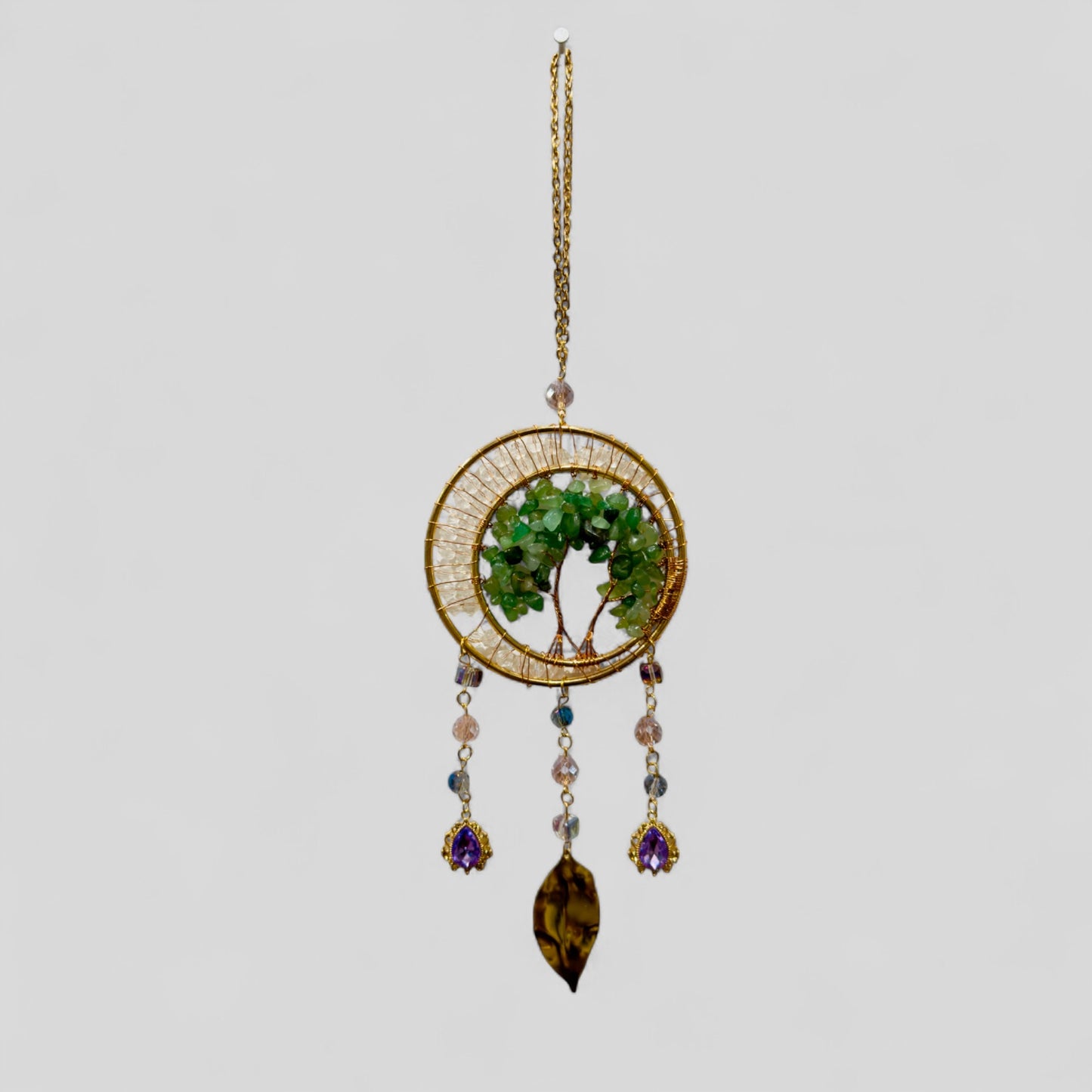 Gold Metal Dual Ring Dreamcatcher with 2 Trees of Life Aventurine Stones & Hanging Jewel Charms  -- Rearview Mirror Hanging or Wall Hanging