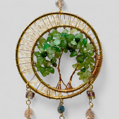 Gold Metal Dual Ring Dreamcatcher with 2 Trees of Life Aventurine Stones & Hanging Jewel Charms  -- Rearview Mirror Hanging or Wall Hanging