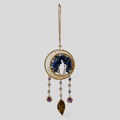 Gold Metal Dual Ring Dreamcatcher with 2 Trees of Life Lapis Lazuli Stones & Hanging Jewel Charms  -- Rearview Mirror Hanging or Wall Hanging