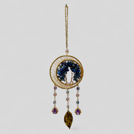 Gold Metal Dual Ring Dreamcatcher with 2 Trees of Life Lapis Lazuli Stones & Hanging Jewel Charms  -- Rearview Mirror Hanging or Wall Hanging