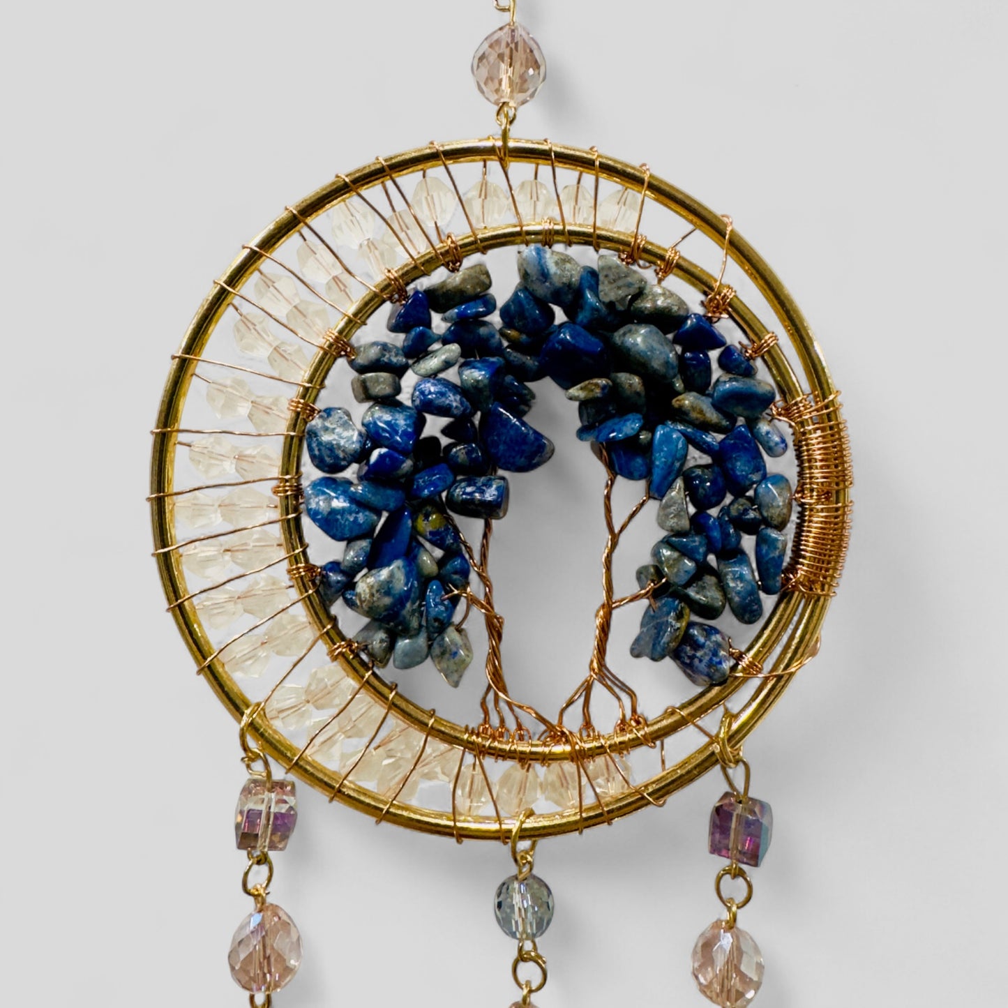 Gold Metal Dual Ring Dreamcatcher with 2 Trees of Life Lapis Lazuli Stones & Hanging Jewel Charms  -- Rearview Mirror Hanging or Wall Hanging