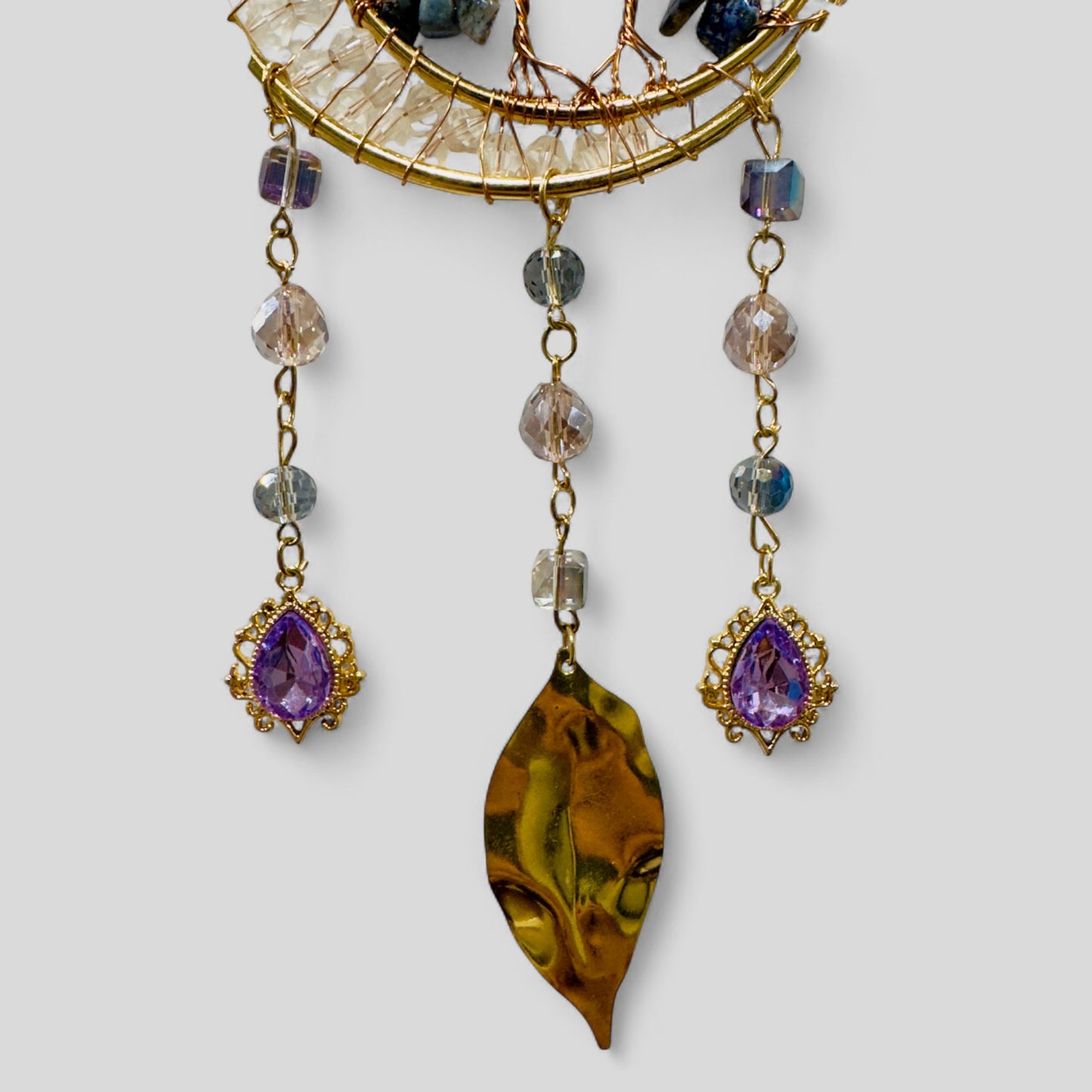 Gold Metal Dual Ring Dreamcatcher with 2 Trees of Life Lapis Lazuli Stones & Hanging Jewel Charms  -- Rearview Mirror Hanging or Wall Hanging