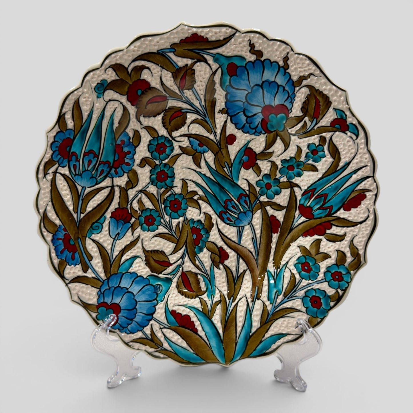 12" Hand-Painted Turkish Floral Ceramic Decorative Plate – Ottoman Iznik Inspired Wall & Display Art