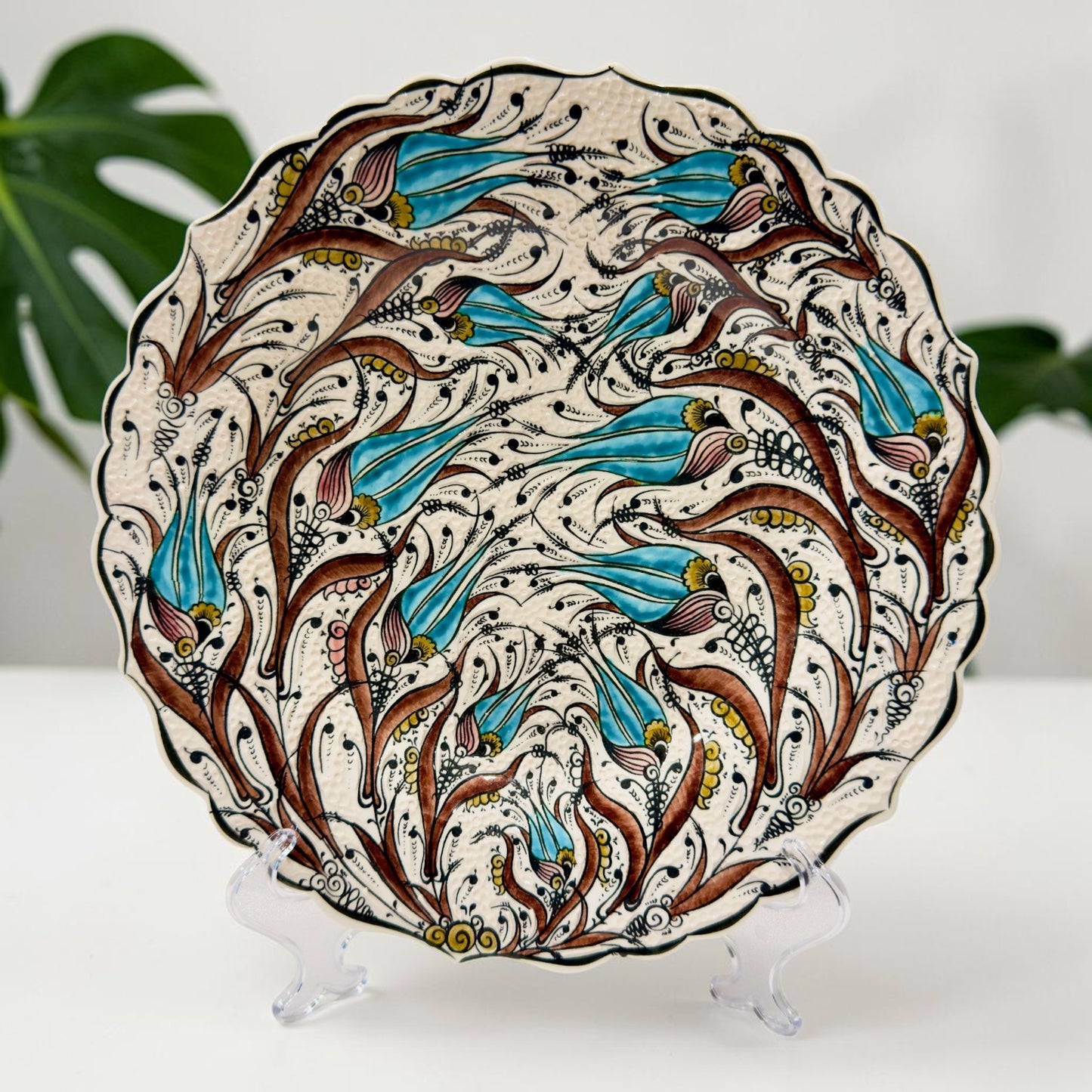12" Hand-Painted Turkish Tulip Ceramic Decorative Plate – Ottoman Iznik Inspired Wall & Display Art
