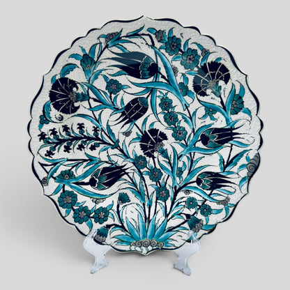 12" Hand-Painted Turkish Floral Ceramic Decorative Plate – Blue Iznik Inspired Wall & Display Art