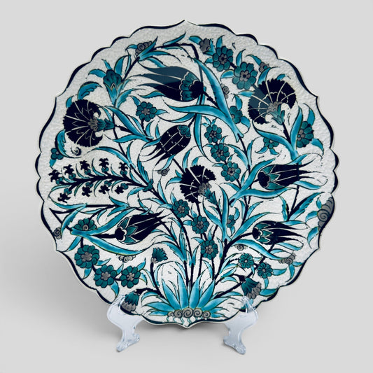 12" Hand-Painted Turkish Floral Ceramic Decorative Plate – Blue Iznik Inspired Wall & Display Art