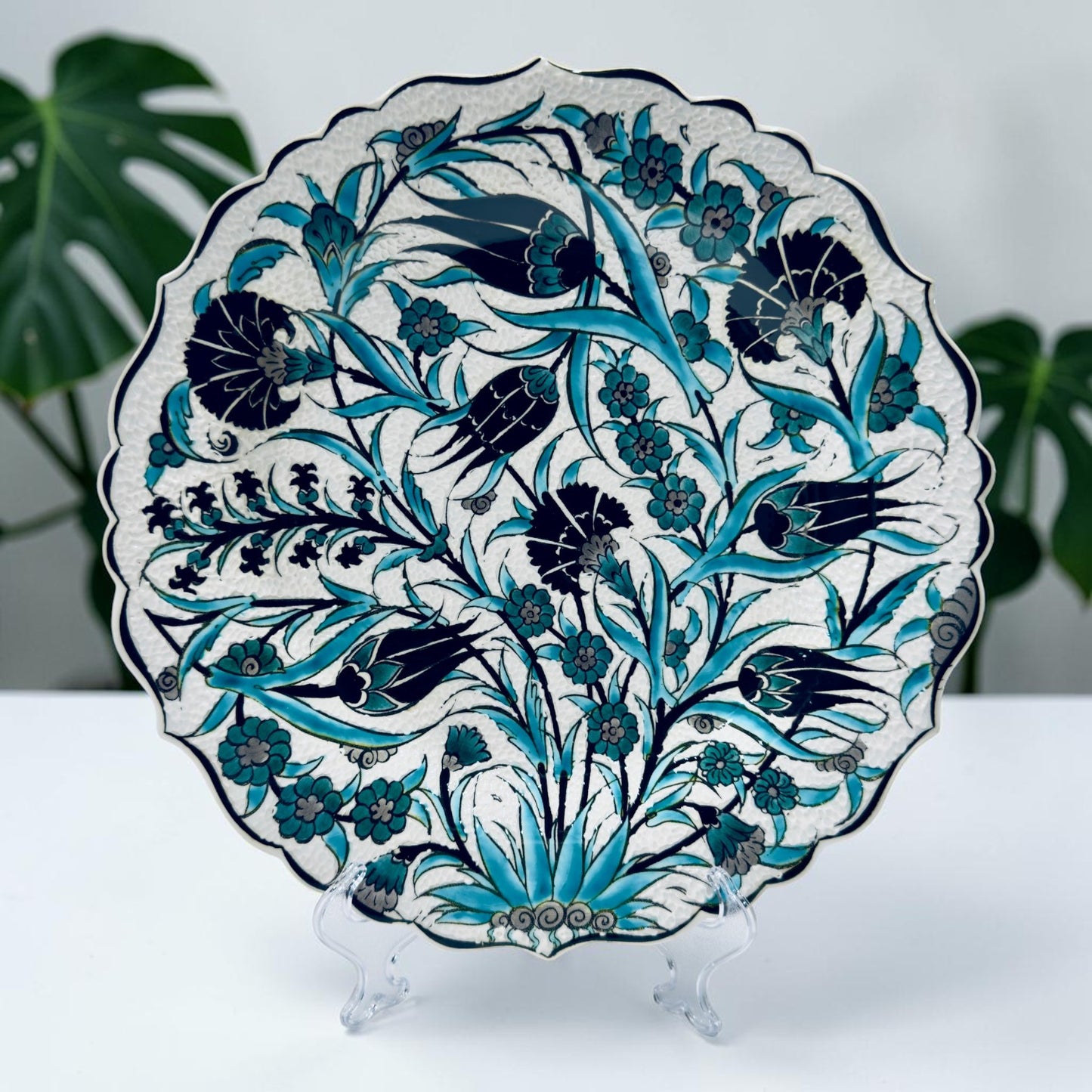 12" Hand-Painted Turkish Floral Ceramic Decorative Plate – Blue Iznik Inspired Wall & Display Art