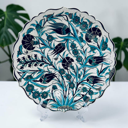 12" Hand-Painted Turkish Floral Ceramic Decorative Plate – Blue Iznik Inspired Wall & Display Art