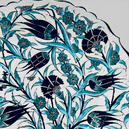 12" Hand-Painted Turkish Floral Ceramic Decorative Plate – Blue Iznik Inspired Wall & Display Art