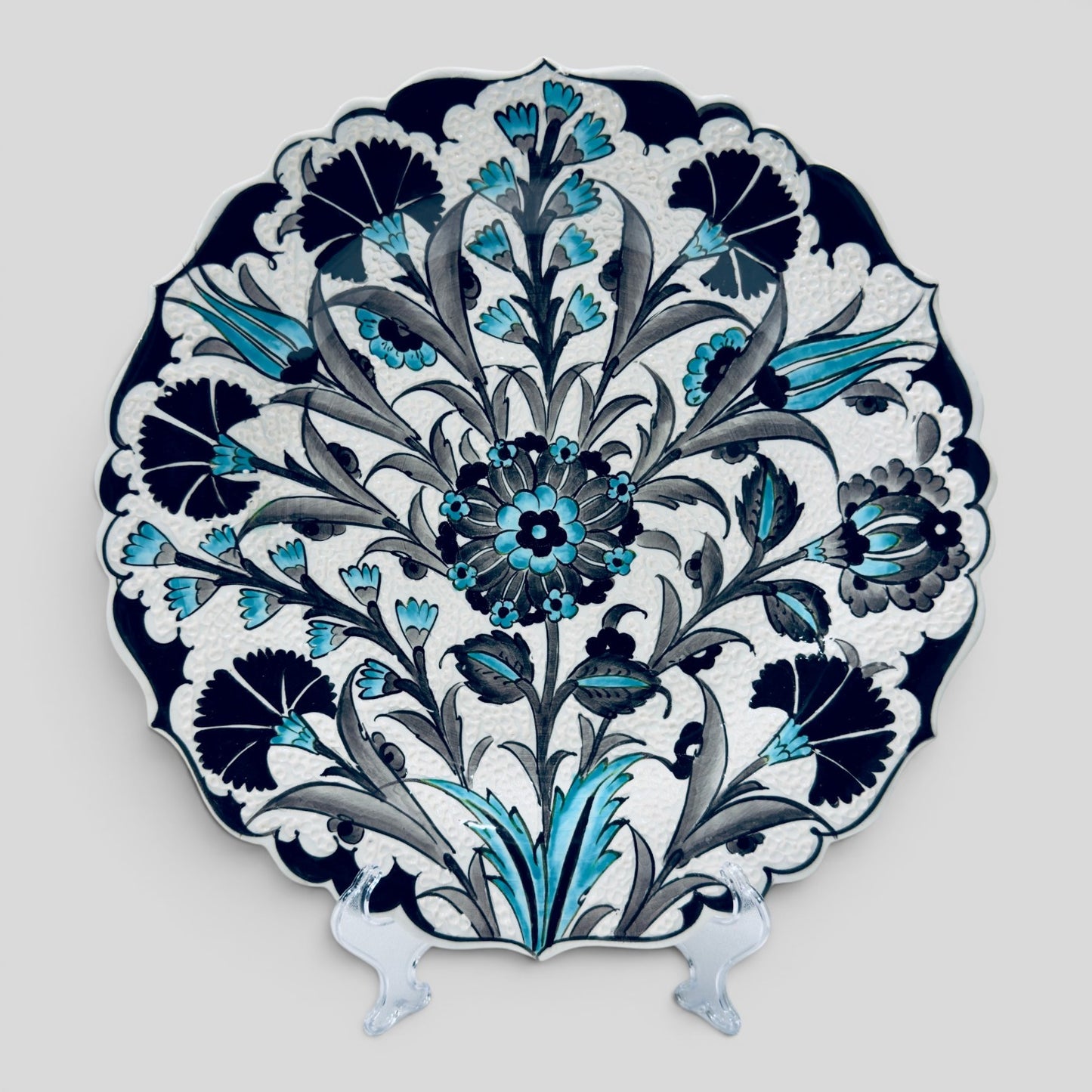 12" Hand-Painted Turkish Floral Ceramic Decorative Plate – Blue & White Iznik Inspired Wall Art