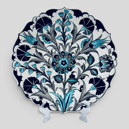 12" Hand-Painted Turkish Floral Ceramic Decorative Plate – Blue & White Iznik Inspired Wall Art