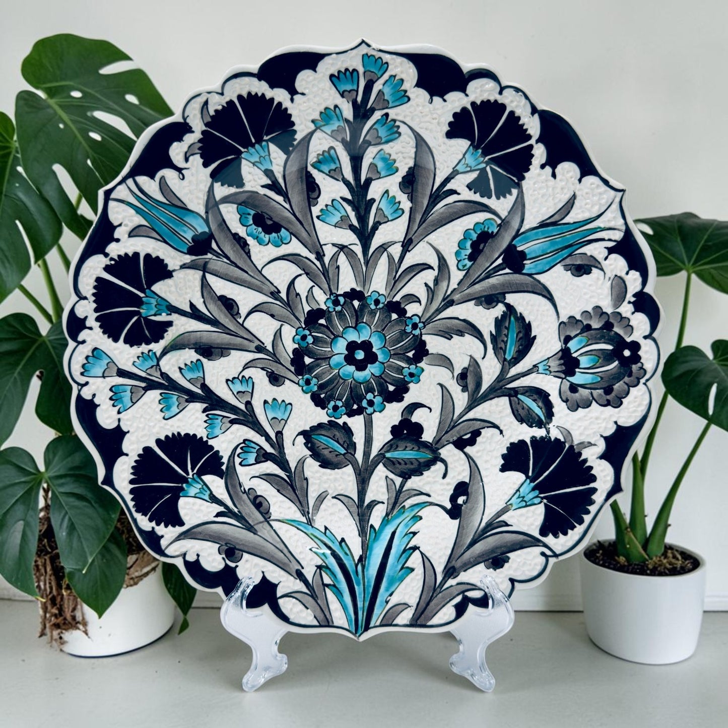 12" Hand-Painted Turkish Floral Ceramic Decorative Plate – Blue & White Iznik Inspired Wall Art