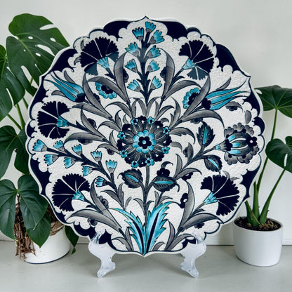 12" Hand-Painted Turkish Floral Ceramic Decorative Plate – Blue & White Iznik Inspired Wall Art