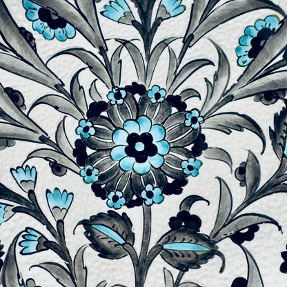 12" Hand-Painted Turkish Floral Ceramic Decorative Plate – Blue & White Iznik Inspired Wall Art