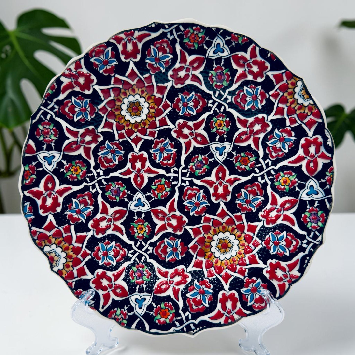 12" Hand-Painted Turkish Geometric Floral Ceramic Decorative Plate – Ottoman Iznik Inspired Wall & Display Art