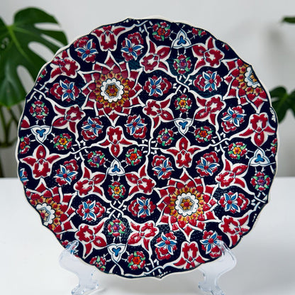 12" Hand-Painted Turkish Geometric Floral Ceramic Decorative Plate – Ottoman Iznik Inspired Wall & Display Art