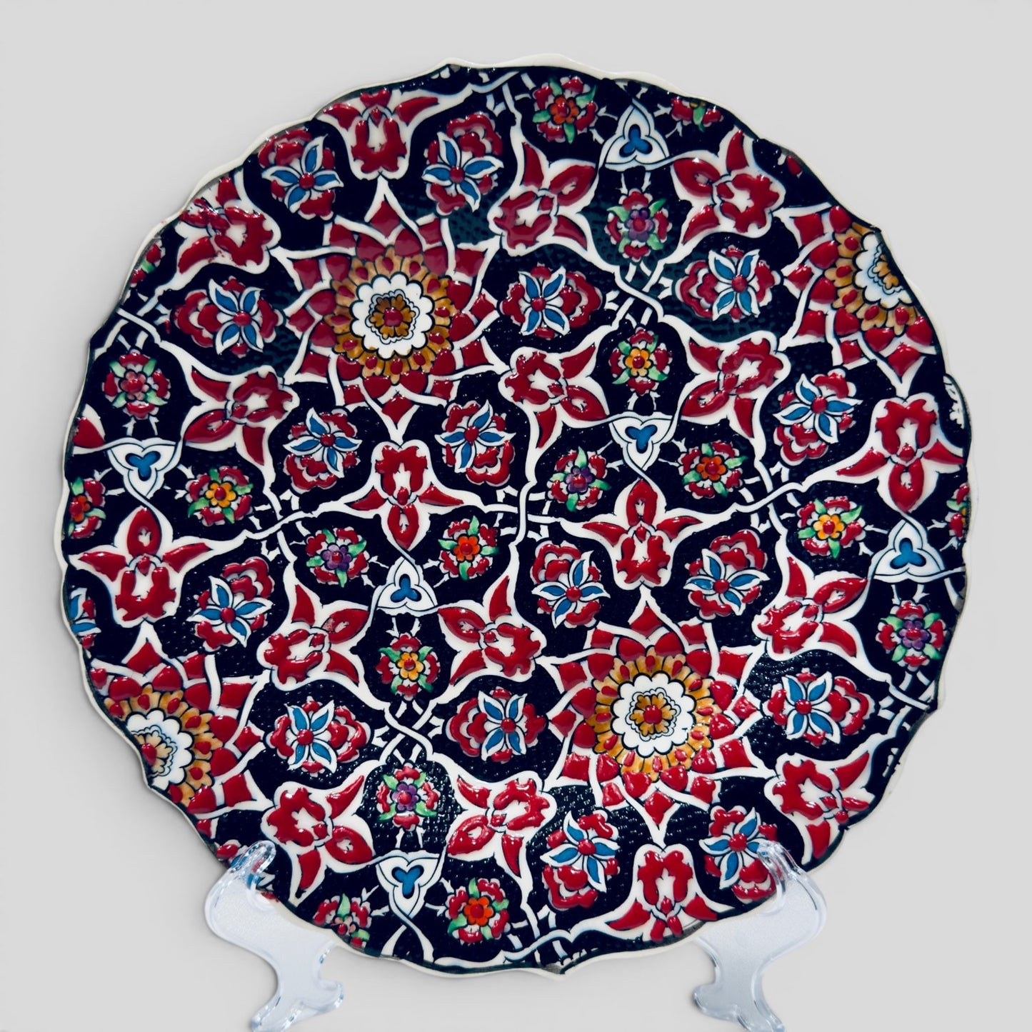 12" Hand-Painted Turkish Geometric Floral Ceramic Decorative Plate – Ottoman Iznik Inspired Wall & Display Art